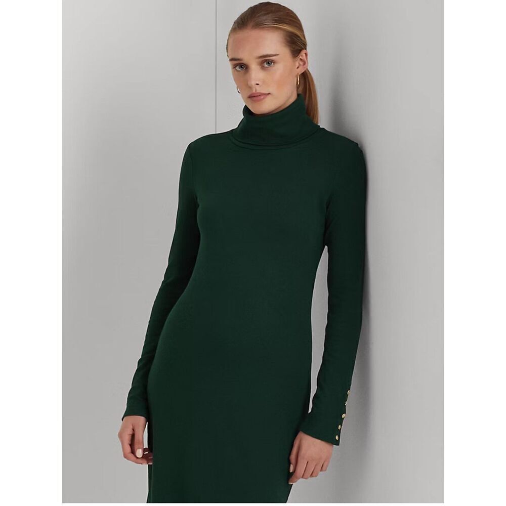 Polo Rugby  Dress Black Slinky Knit Turtleneck Sheath Ruched Bottom Rare Med